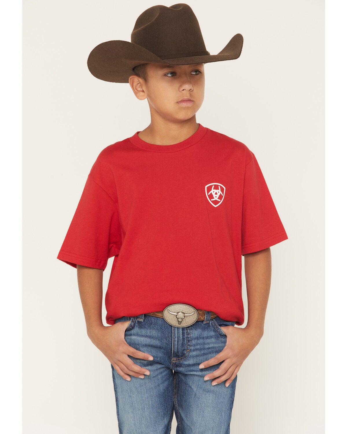 Image #2 - Ariat Boys' Boot Barn Exclusive Etched Bison Flag Short Sleeve Graphic T-Shirt, Red, hi-res