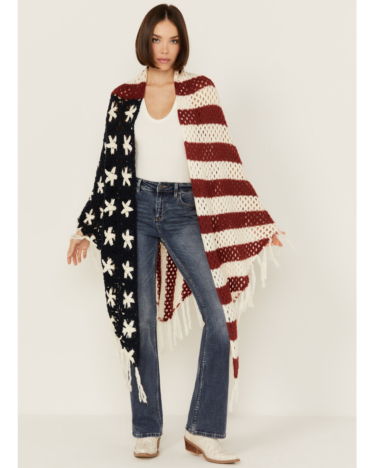 Image #1 - Shyanne Women's Americana Fringe Crochet Shawl, Red/white/blue, hi-res