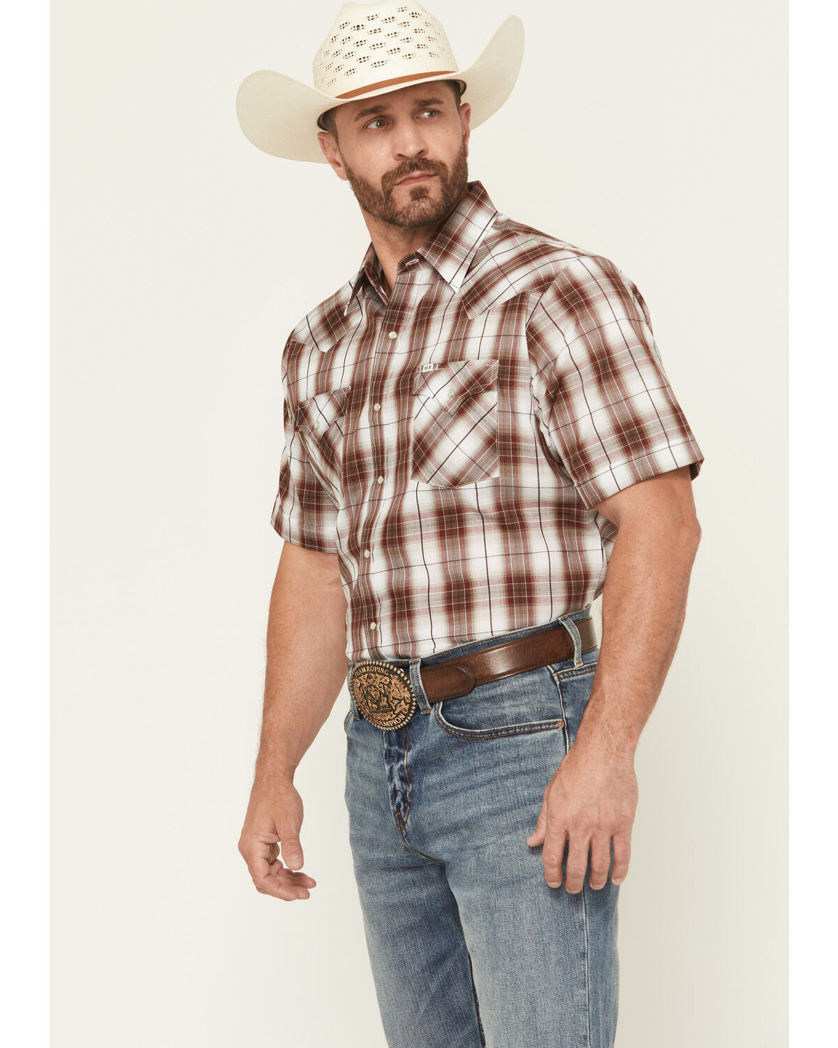 Image #1 - Ely Walker Men's Plaid Print Short Sleeve Snap Western Shirt, Burgundy, hi-res