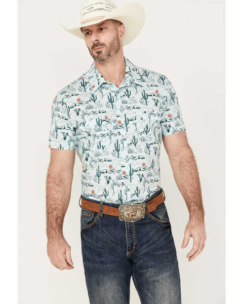 Image #1 - Rock & Roll Denim Men's Cactus Short Sleeve Western Pearl Snap Shirt, Teal, hi-res