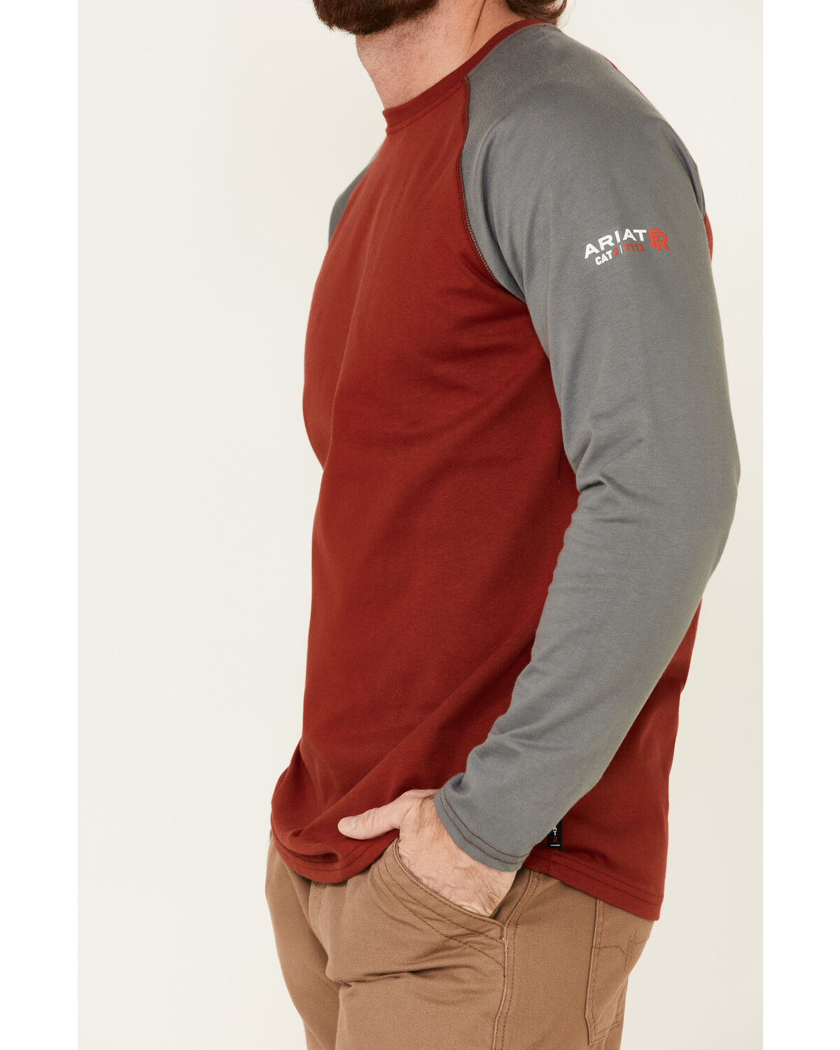 Image #3 - Ariat Men's FR Long Sleeve Baseball Work T-Shirt, Red, hi-res