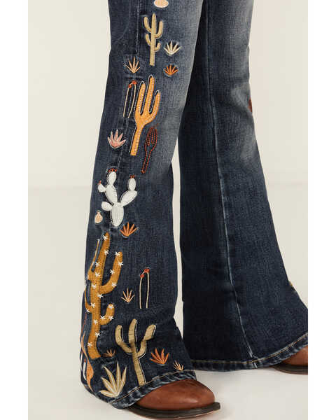 Image #2 - Grace in LA Girls' Medium Wash Cactus Embroidered Stretch Flare Jeans , Medium Wash, hi-res