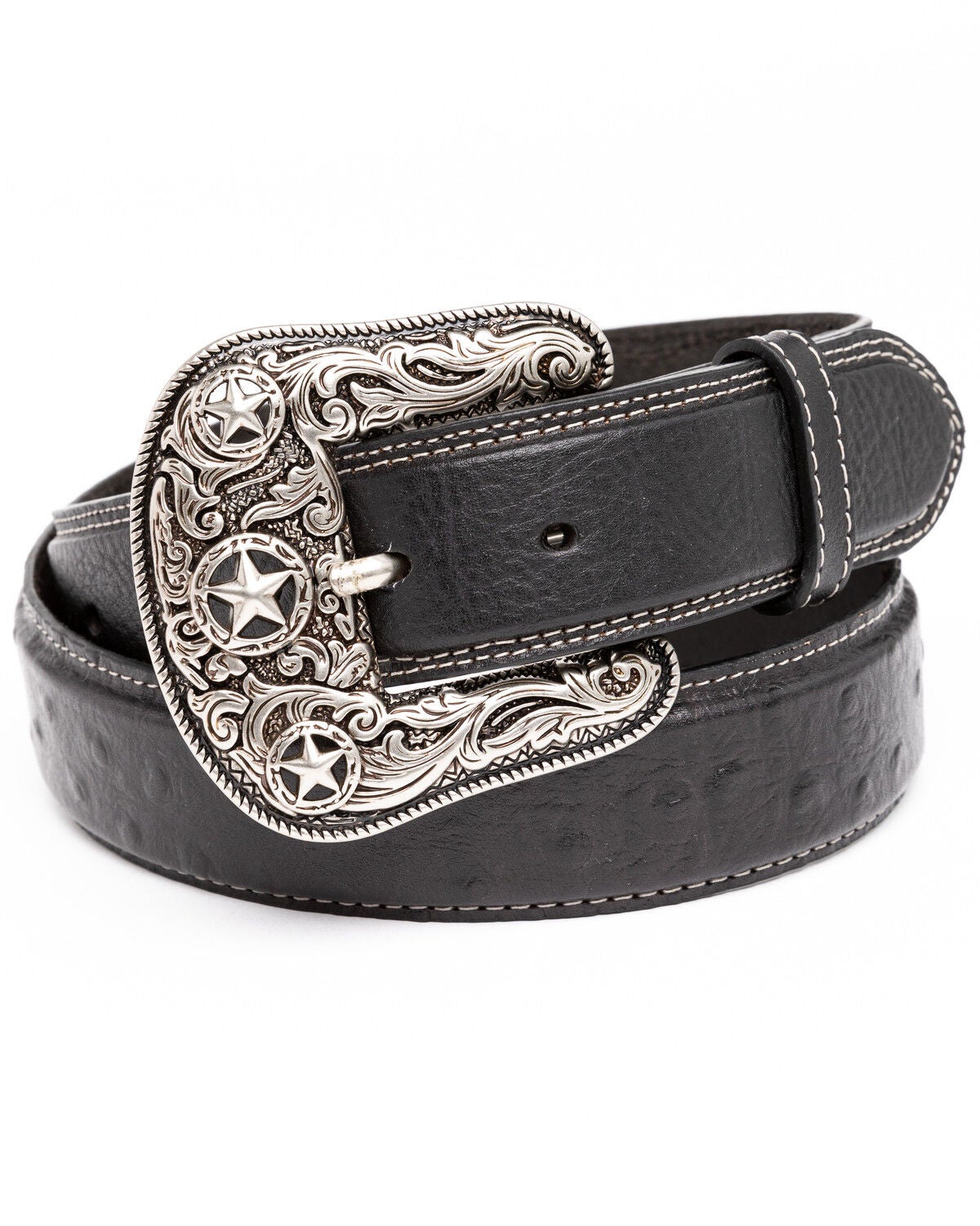 Cody James Men's Ostrich Print Embroidered Western Buckle Belt, Black, hi-res