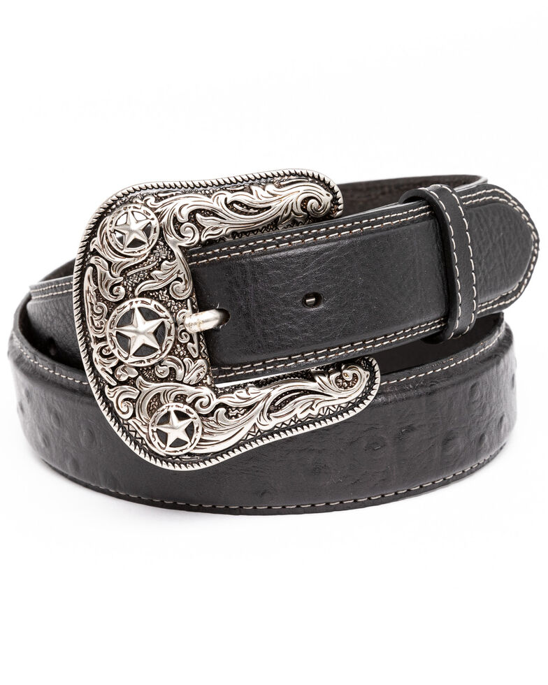 Cody James Men's Black Ostrich Print Embroidered Western Buckle Belt , Black, hi-res