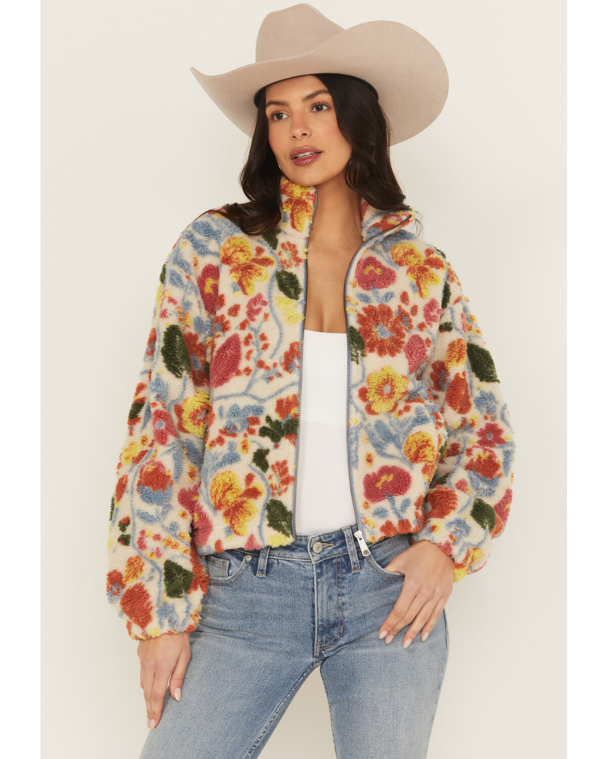 Image #1 - Cleo + Wolf Women's Floral Sherpa Jacket, Sand, hi-res