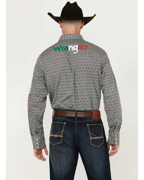 Image #4 - Wrangler Men's Mexico Logo Geo Print Long Sleeve Snap Western Shirt , Black, hi-res