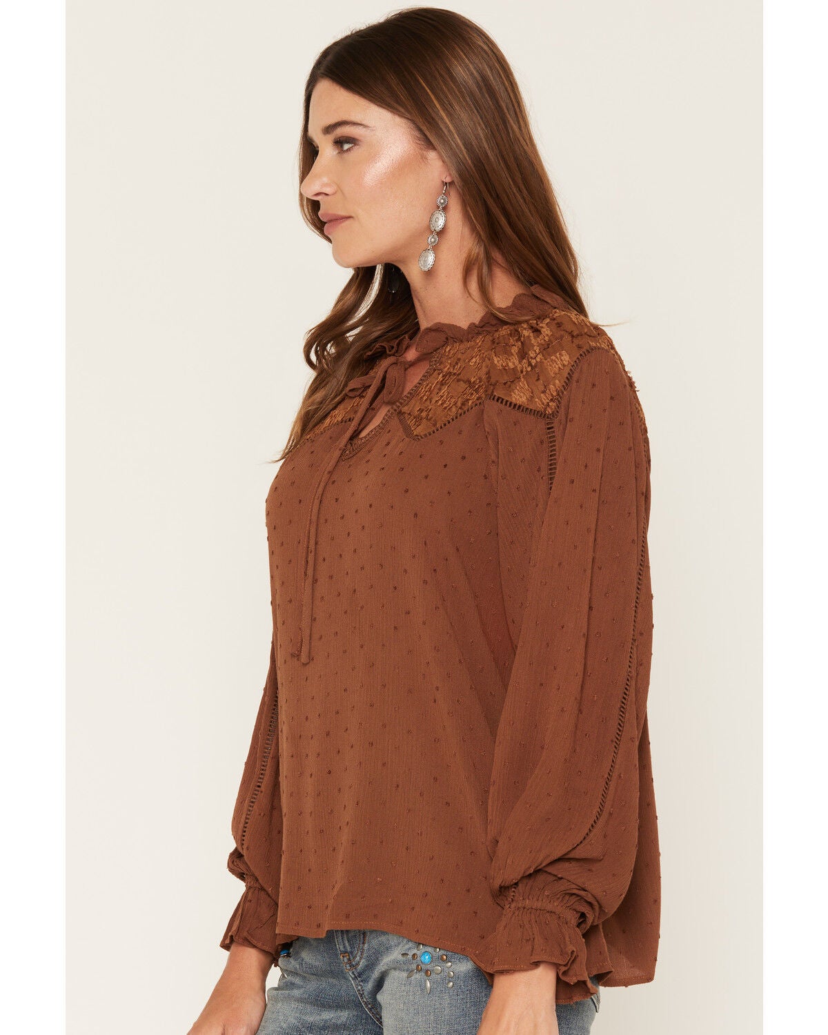 Image #2 - Miss Me Women's Lace Trim Long Sleeve Peasant Blouse, Camel, hi-res