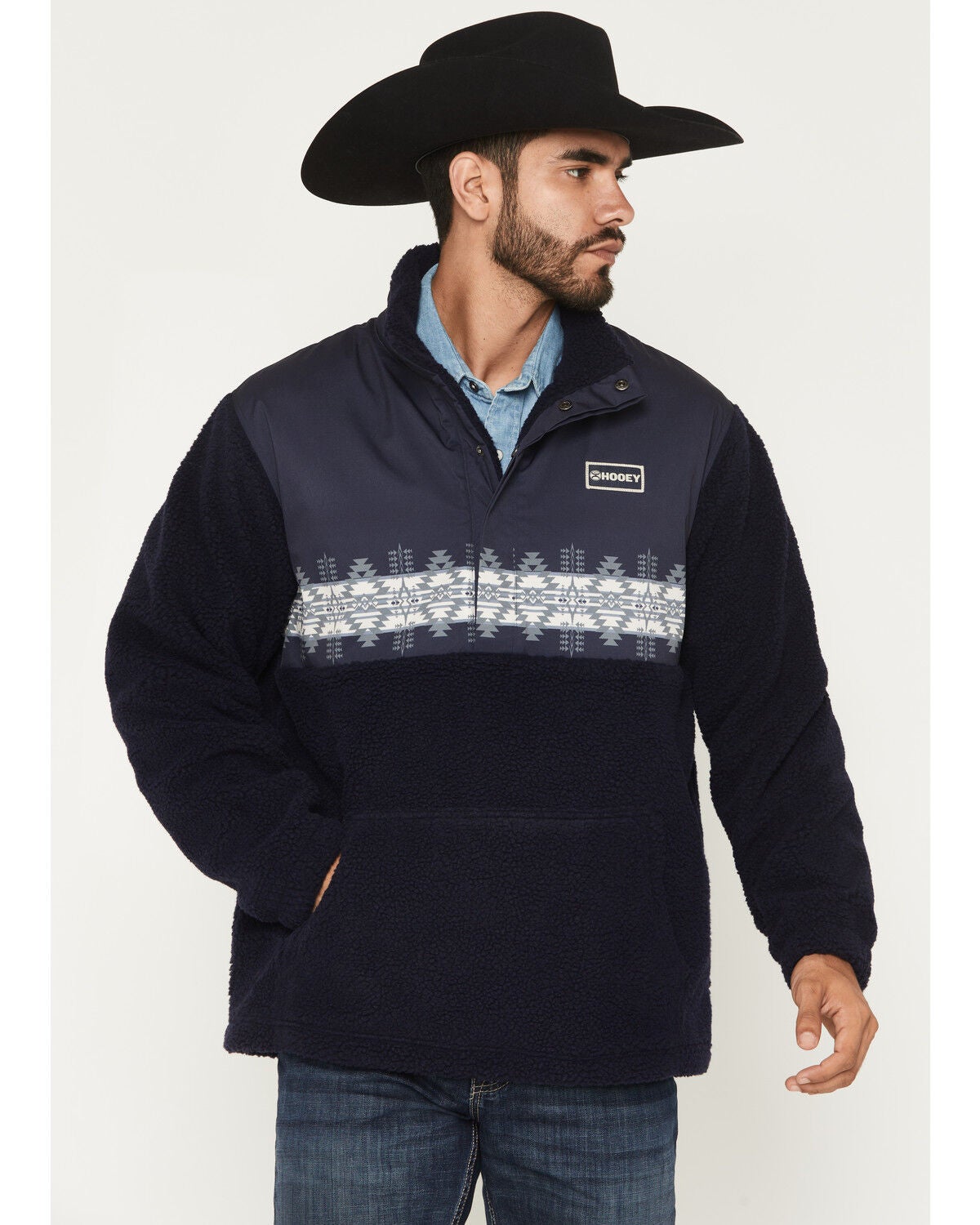 Image #1 - Hooey Men's Brecken Southwestern Sherpa Pullover, Navy, hi-res