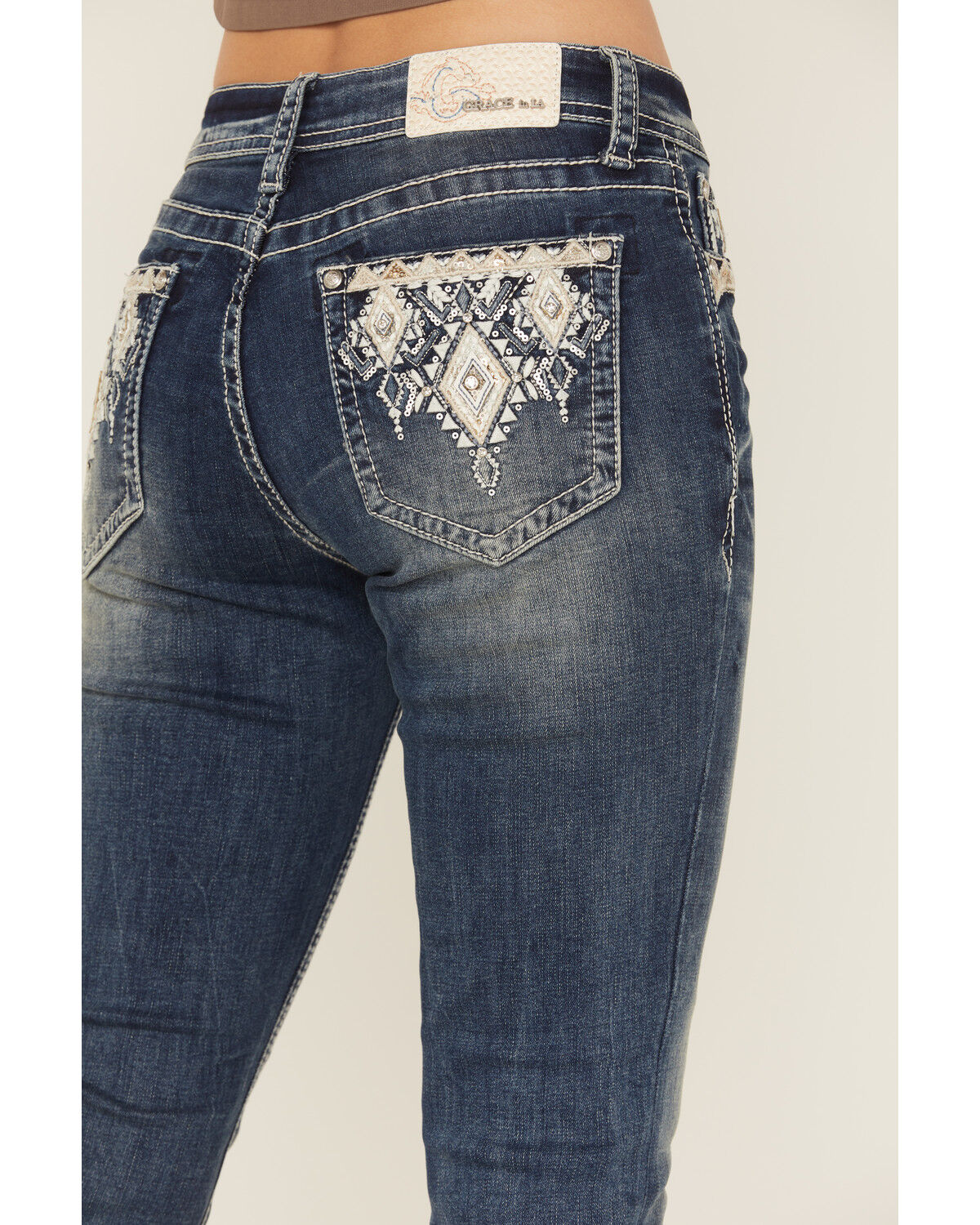 Image #2 - Grace in LA Women's Medium Wash Diamond Embroidered Mid Rise Bootcut Stretch Denim Jeans, Medium Wash, hi-res