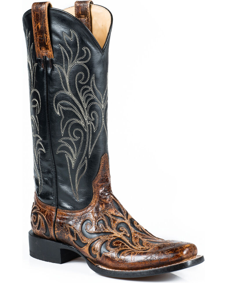 Stetson Women's Caroline Vintage Brown Overlay Western Boots - Square Toe, Brown, hi-res
