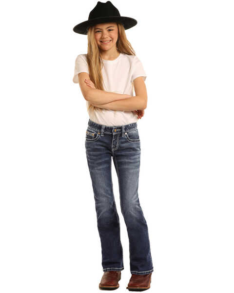 Image #2 - Rock & Roll Denim Girls' Star & Horseshoe Medium Bootcut Jeans, Blue, hi-res