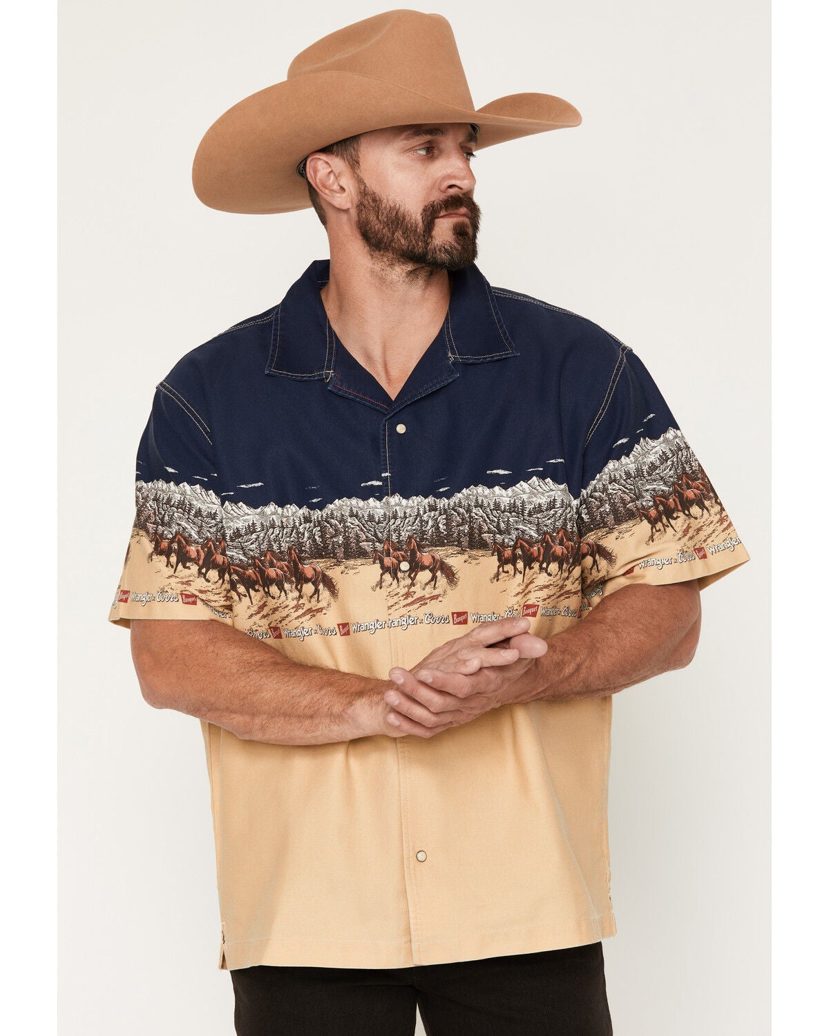 Wrangler X Coors Banquet Men's Border Print Resort Short Sleeve Snap Western Shirt, Tan, hi-res