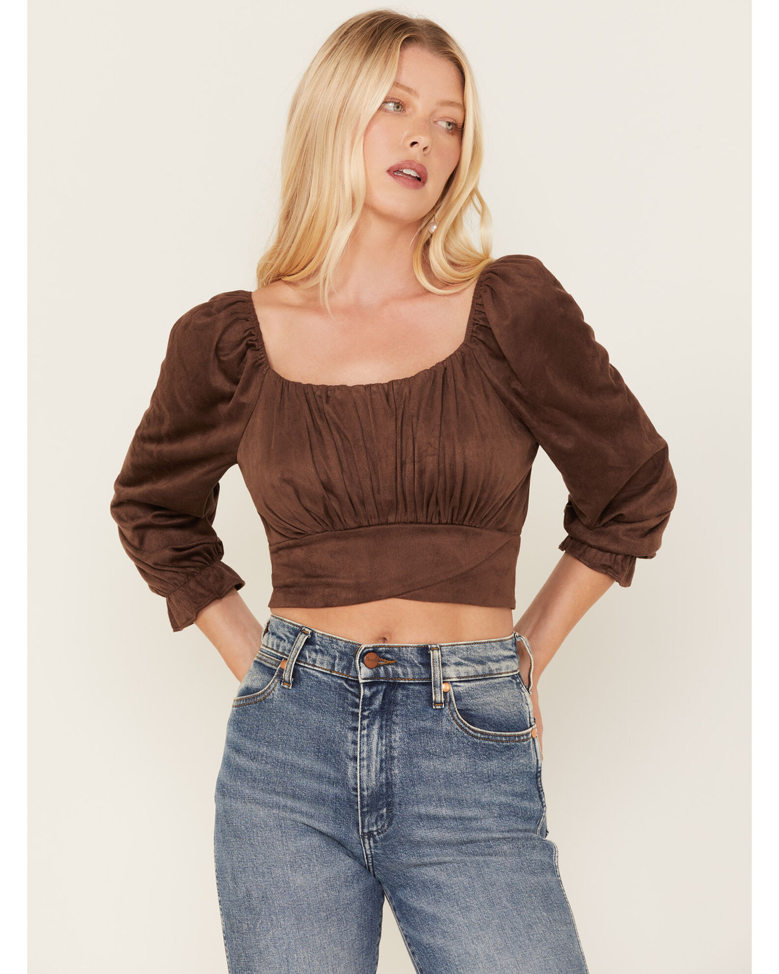 Image #1 - Beyond The Radar Women's Faux Suede Tie Back Crop Top, Chocolate, hi-res