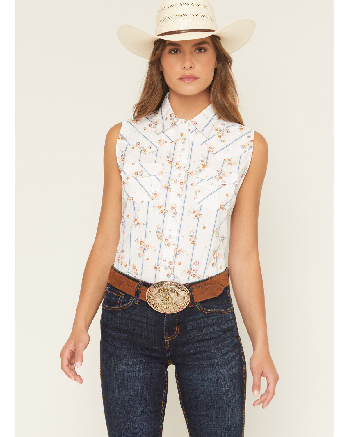 Image #1 - Ely Walker Women's Floral Striped Sleeveless Pearl Snap Western Shirt, White, hi-res