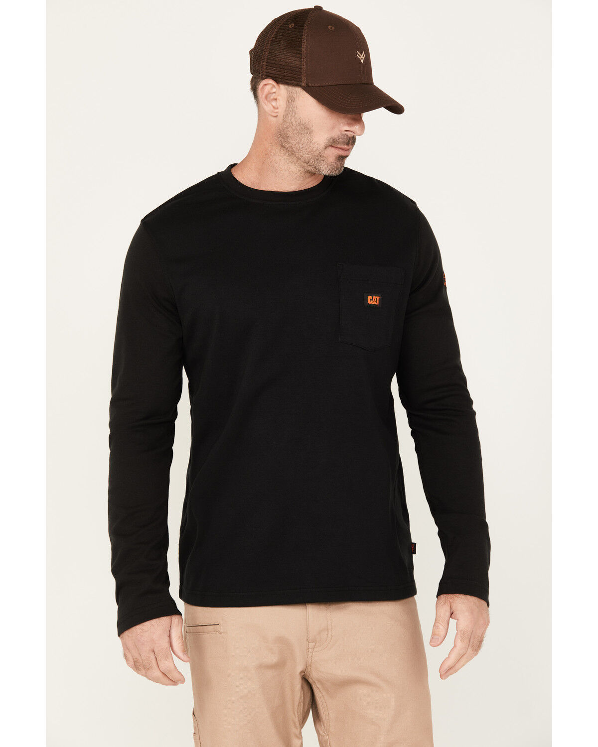 Image #1 - CAT Men's FR Long Sleeve Pocket Work T-Shirt, Black, hi-res