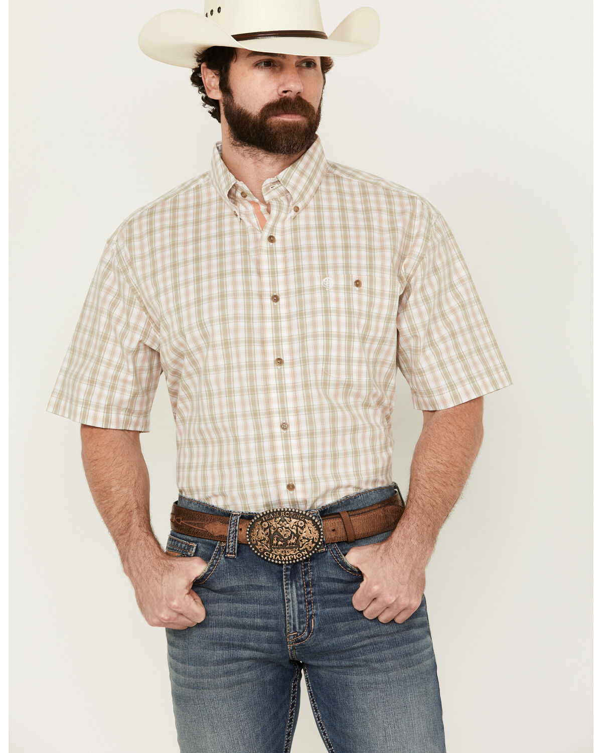 Image #1 - George Strait by Wrangler Men's Plaid Print Short Sleeve Button-Down Stretch Western Shirt, Sage, hi-res