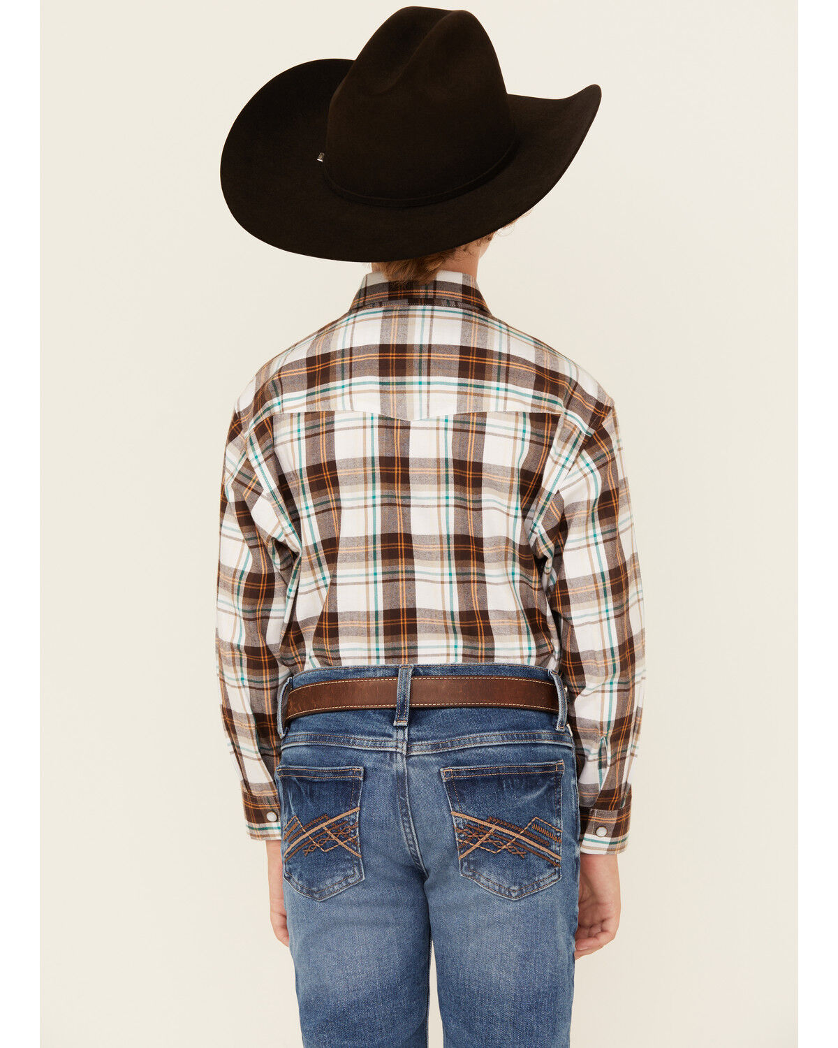 Image #4 - Panhandle Boys' Plaid Print Long Sleeve Pearl Snap Western Shirt, Brown, hi-res