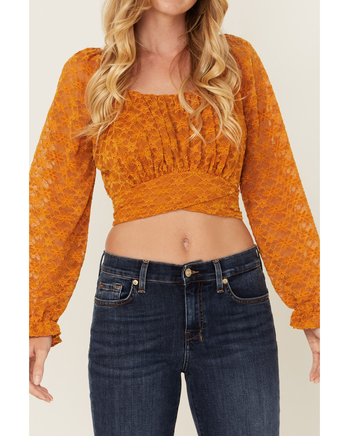 Image #3 - Beyond The Radar Women's Floral Lace Long Sleeve Tie Back Cropped Shirt, Gold, hi-res