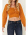 Image #3 - Beyond The Radar Women's Floral Lace Long Sleeve Tie Back Cropped Shirt, Gold, hi-res