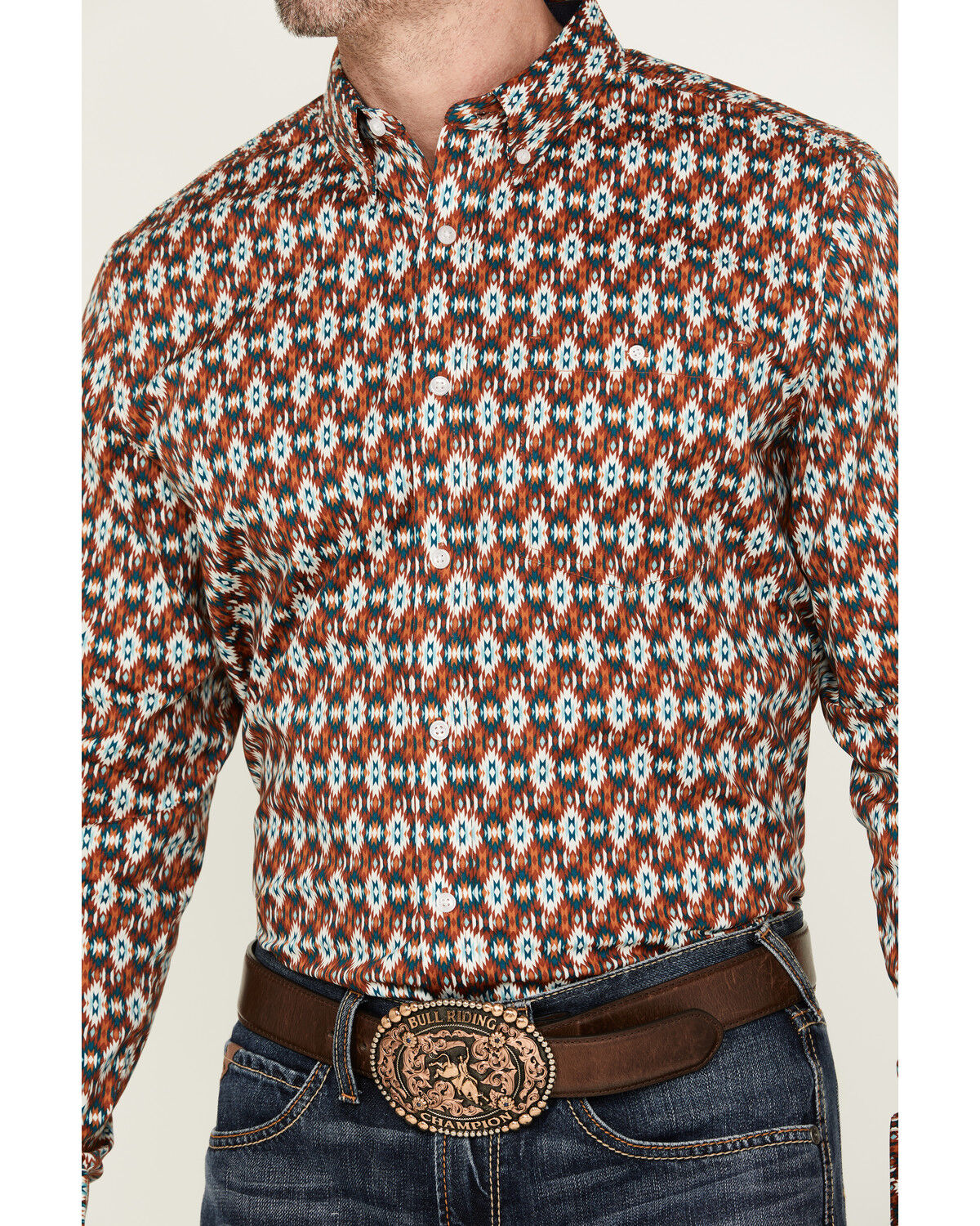 Image #3 - RANK 45® Men's Multaz Southwestern Print Geo Print Long Sleeve Button-Down Performance Stretch Western Shirt, Teal, hi-res