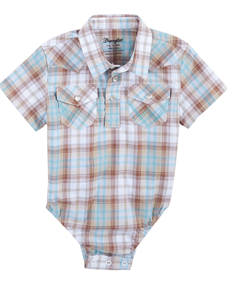 Wrangler Infant-Boys' Plaid Print Short Sleeve Western Snap Onesie, White, hi-res