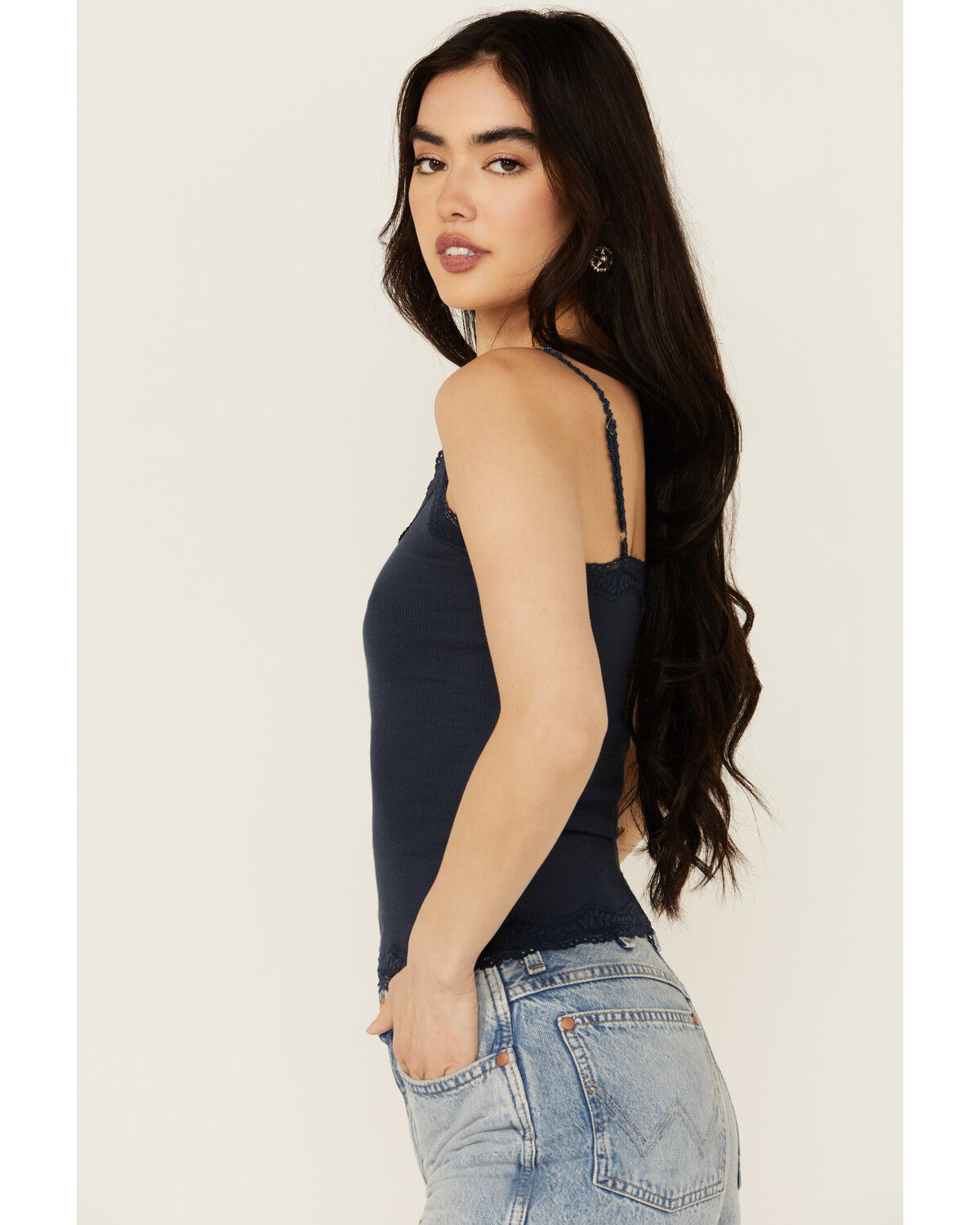 Image #2 - Shyanne Women's Lace Trim Ribbed Cami, Navy, hi-res