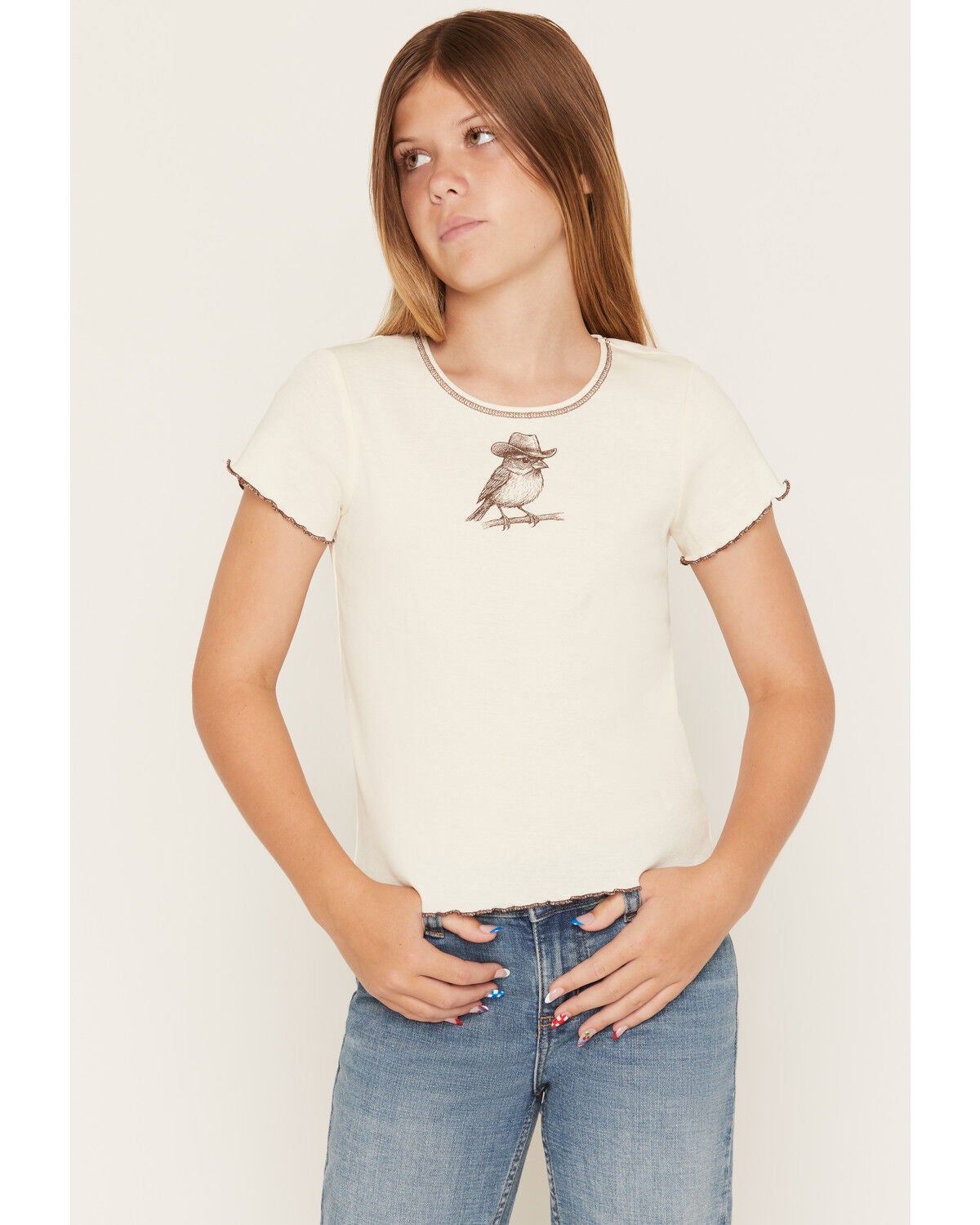 Image #1 - Self Esteem Girls' Cowboy Bird Short Sleeve Graphic Tee, Off White, hi-res