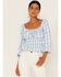 Skies are Blue Women's Gingham Smocked Peplum Top, Blue, hi-res