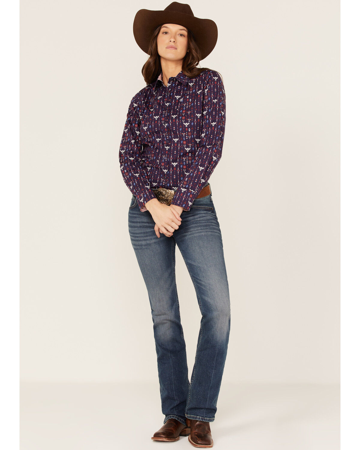 Image #2 - Ariat Women's Southwestern Print Long Sleeve Kirby Stretch Button-Down Shirt, Navy, hi-res