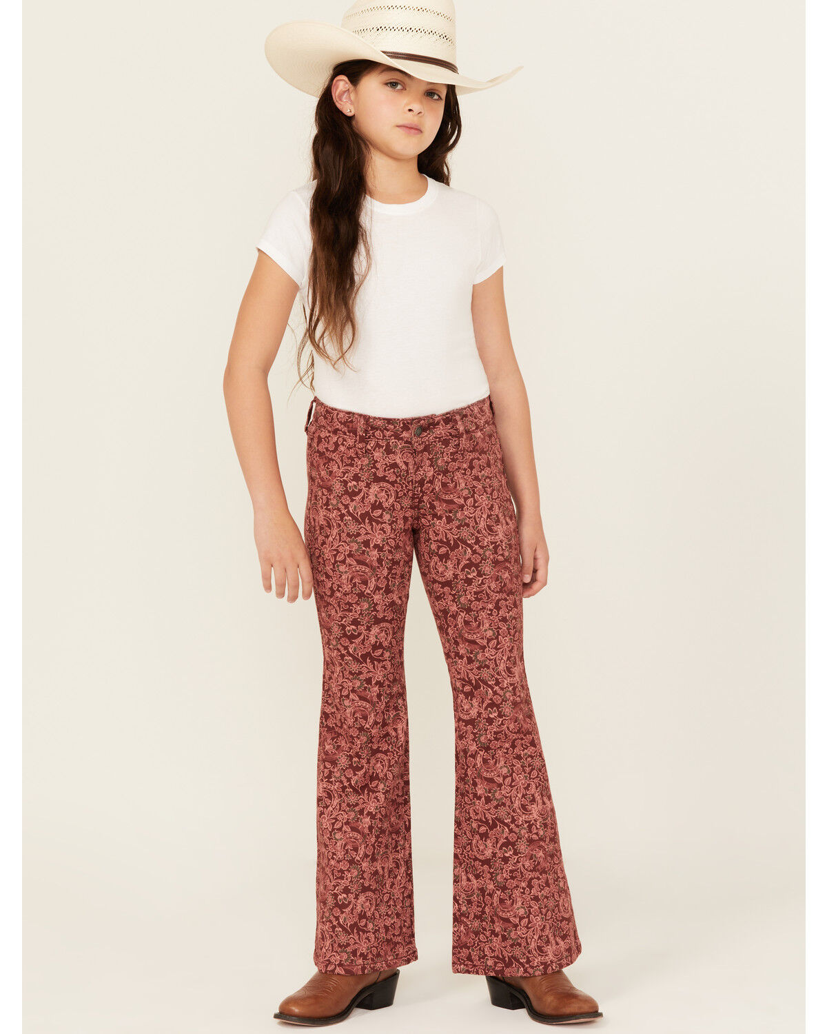 Image #1 - Rock & Roll Denim Girls' Floral Horseshoe Print Flare Stretch Denim Jeans, Brown, hi-res