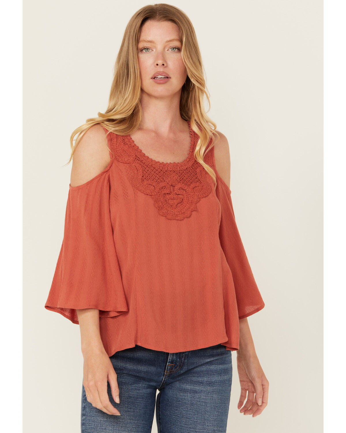 Image #1 - Shyanne Women's Solid Crochet Trim Cold Shoulder Shirt, Dark Pink, hi-res