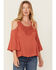 Image #1 - Shyanne Women's Solid Crochet Trim Cold Shoulder Shirt, Dark Pink, hi-res