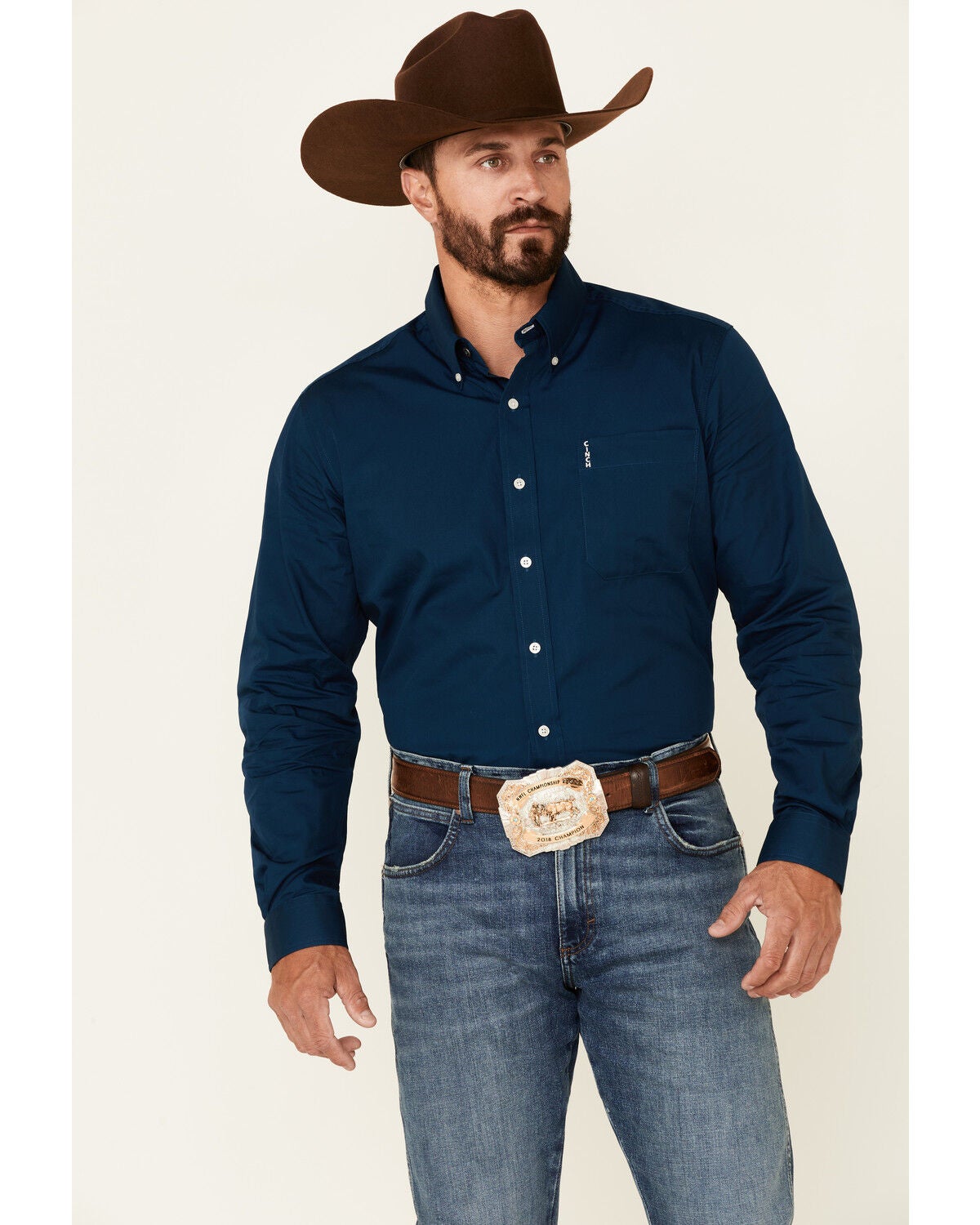 Cinch Men's Modern Fit Solid Navy Long Sleeve Button-Down Western Shirt, Blue, hi-res