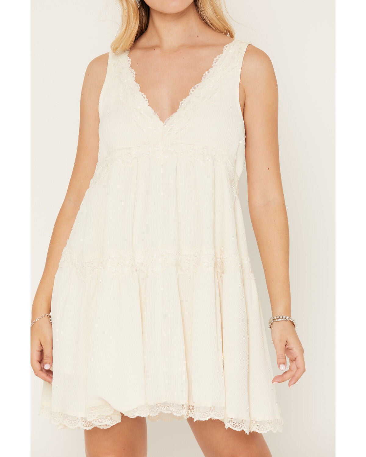 Image #3 - By Together Women's Lace Trim Sleeveless Mini Dress, Cream, hi-res