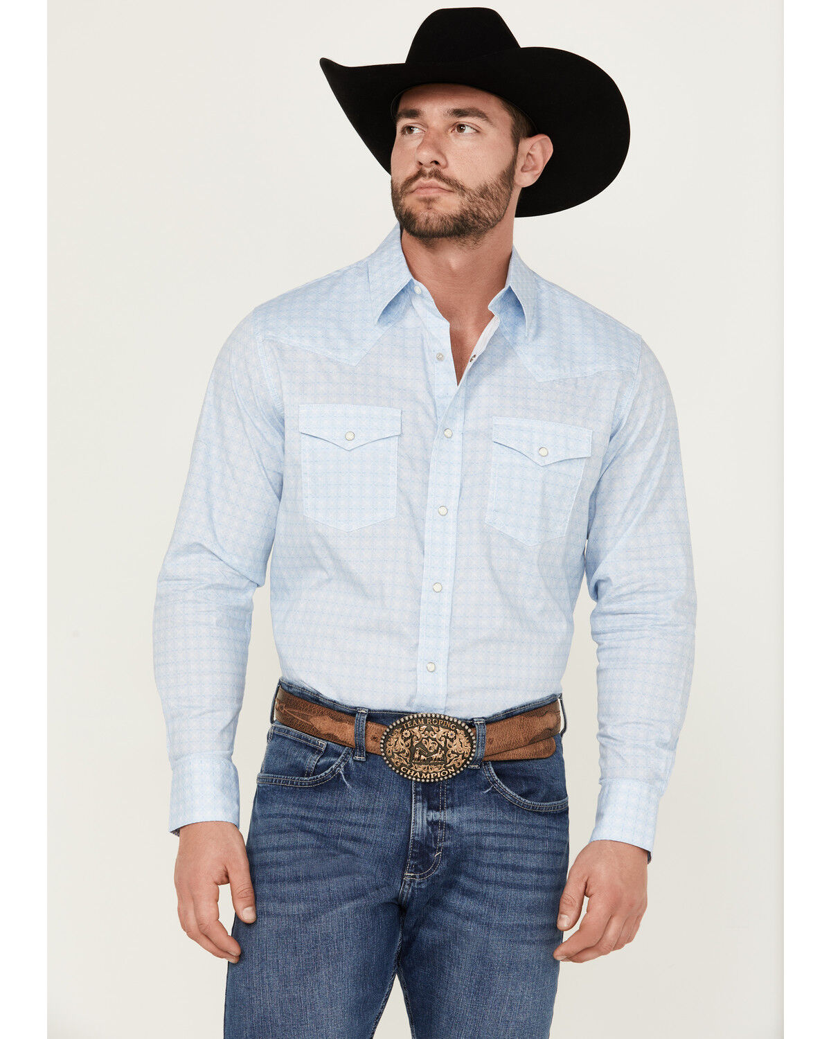 Image #1 - Wrangler 20X Men's Geo Print Long Sleeve Pearl Snap Stretch Western Shirt, Blue, hi-res