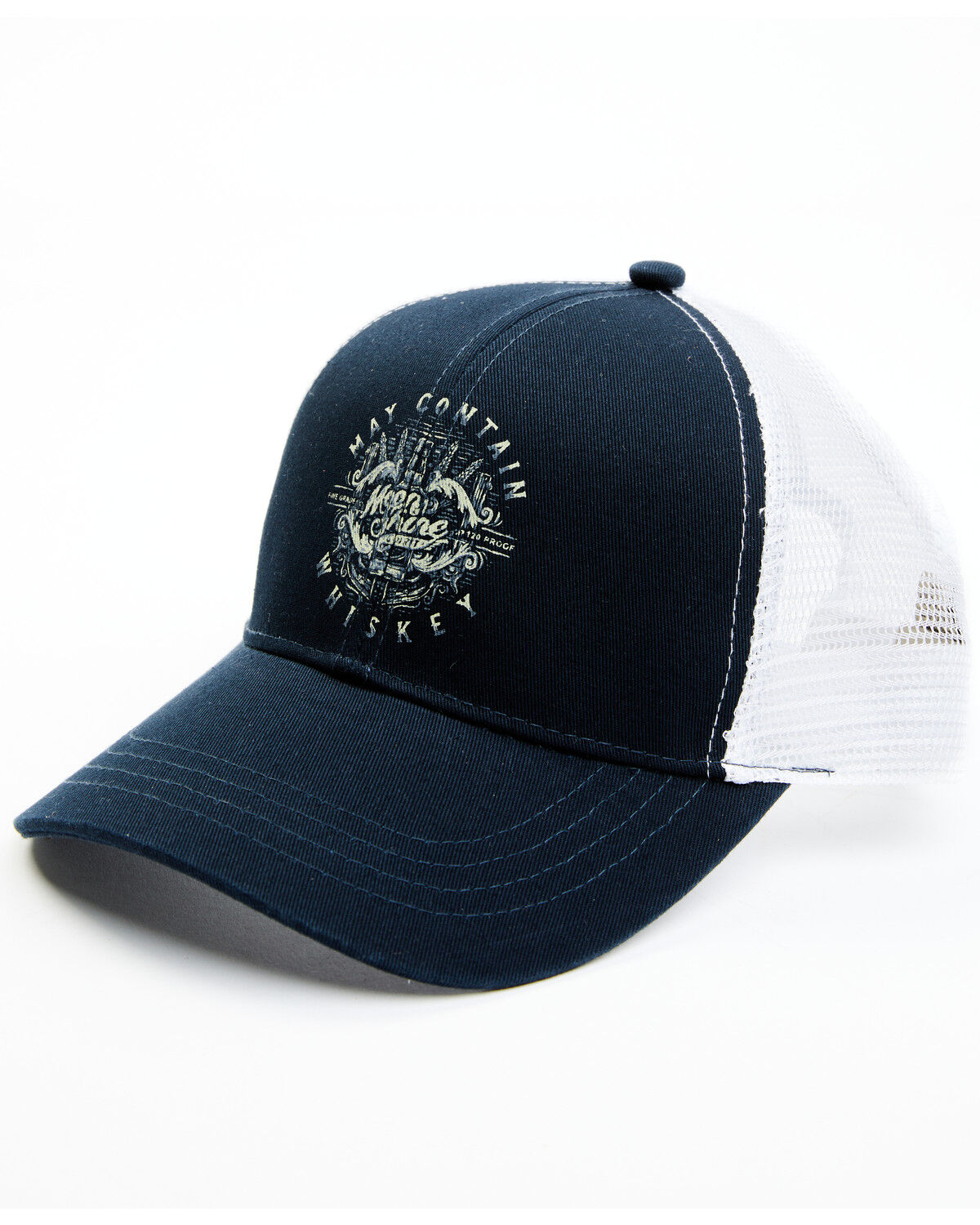 Image #1 - Moonshine Spirit Men's May Contain Whiskey Circle Graphic Mesh-Back Ball Cap, Navy, hi-res