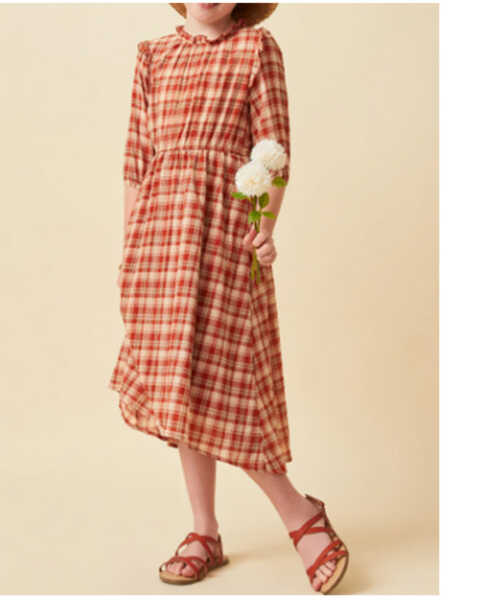 Image #2 - Hayden Girls' Plaid Print Ruffle Puff Sleeve Midi Dress, Rust Copper, hi-res