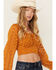 Image #2 - Beyond The Radar Women's Floral Lace Long Sleeve Tie Back Cropped Shirt, Gold, hi-res