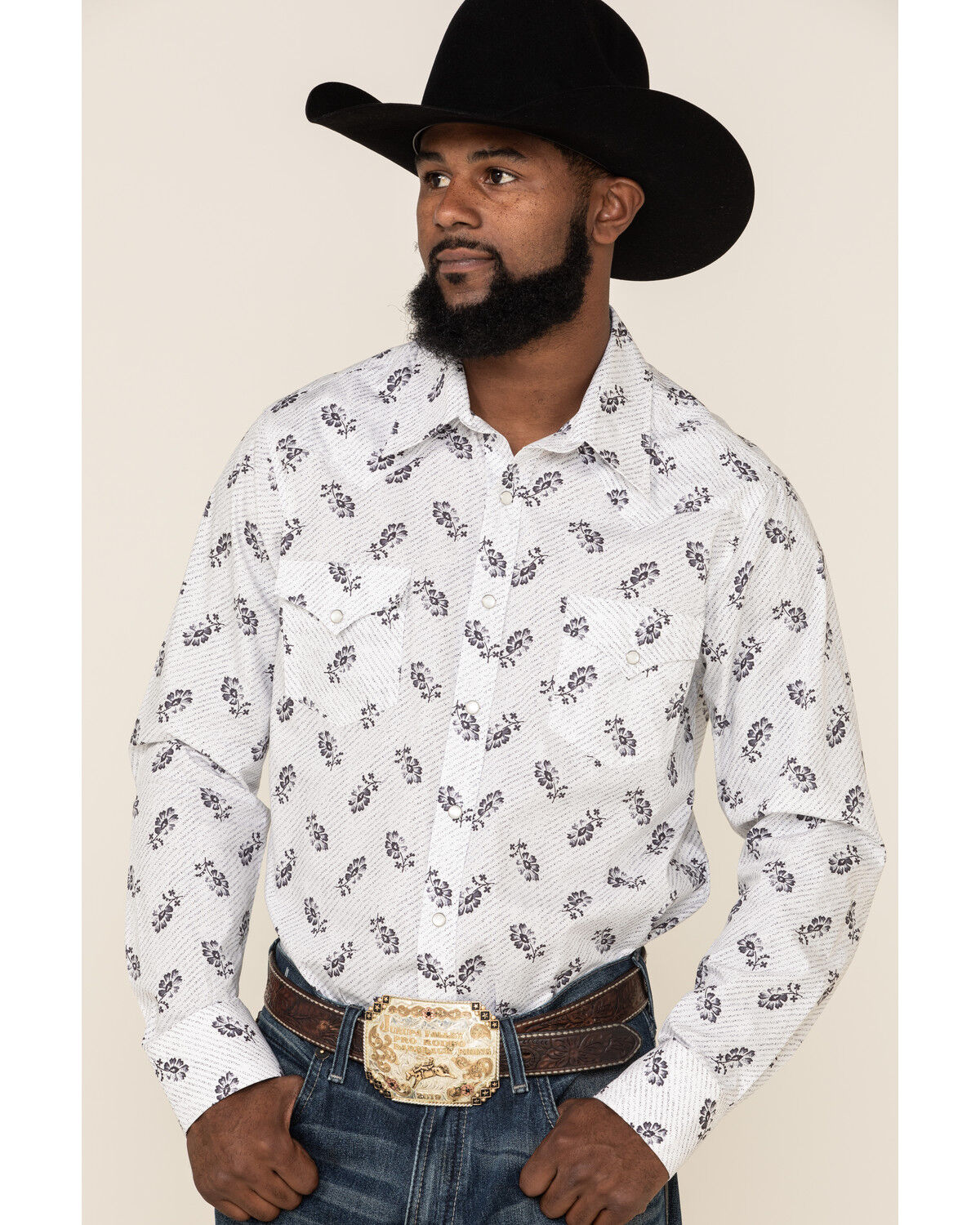 Image #1 - Rock & Roll Denim Men's White Floral Print Long Sleeve Western Shirt, , hi-res