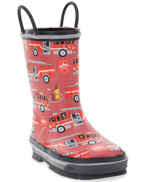 Western Chief Boys' Fire Truck Tread Rain Boots - Round Toe, Red, hi-res