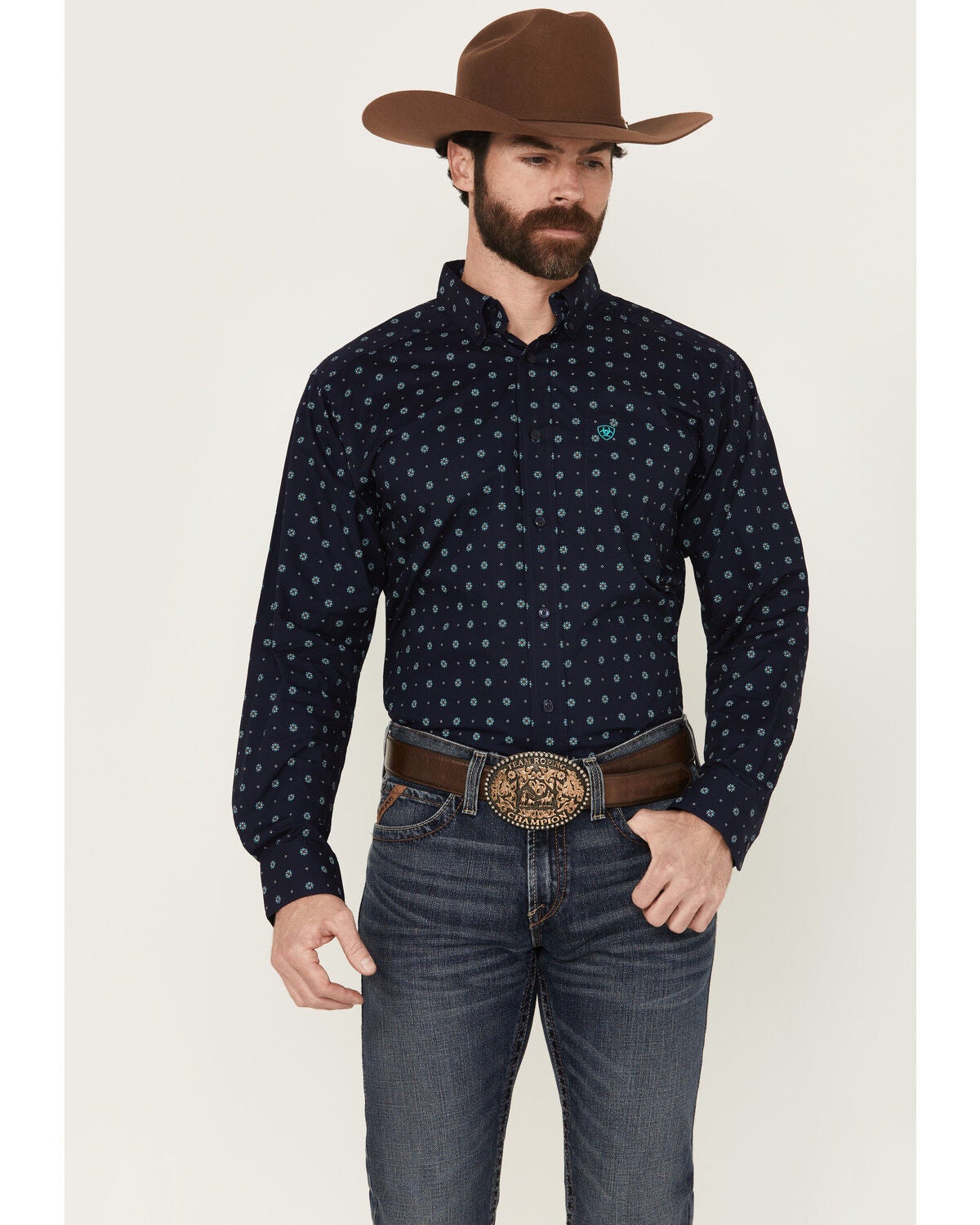 Ariat Men's Jacobi Geo Print Long Sleeve Button-Down Western Shirt, Navy, hi-res