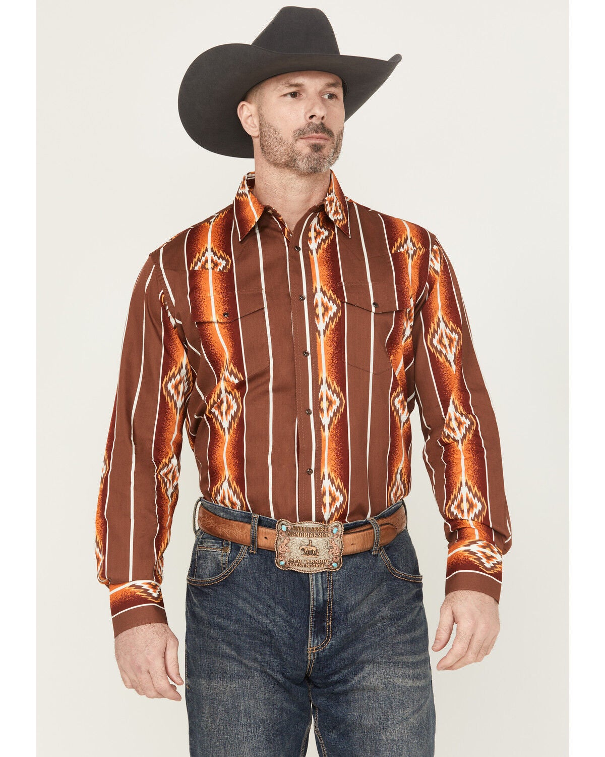 Wrangler Men's Checotah Southwestern Print Long Sleeve Snap Western Shirt - Tall, Brown, hi-res