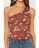 Image #3 - Ash & Violet Women's Conversational Print One Shoulder Top, Brown, hi-res