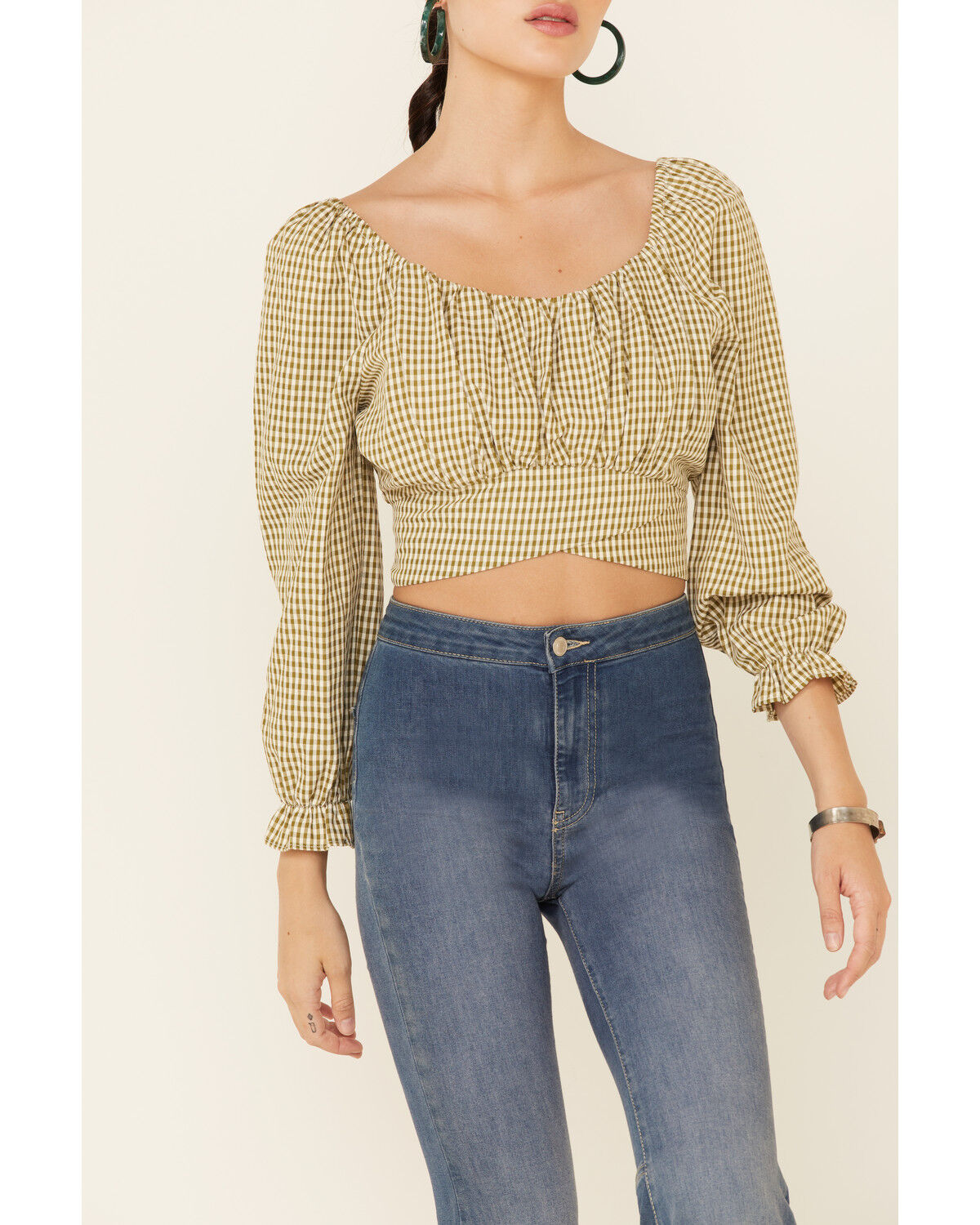 Image #3 - Beyond The Radar Women's Gingham Print Tie Back Crop Top, Olive, hi-res