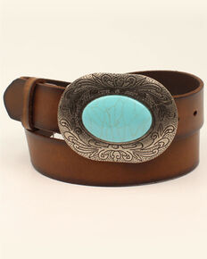 M & F Western Women's Brown Turquoise Stone Leather Belt, Brown, hi-res