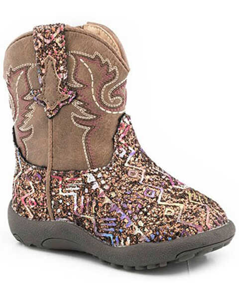 Image #1 - Roper Infant Girls' Glitter Southwestern Boots - Square Toe, Brown, hi-res