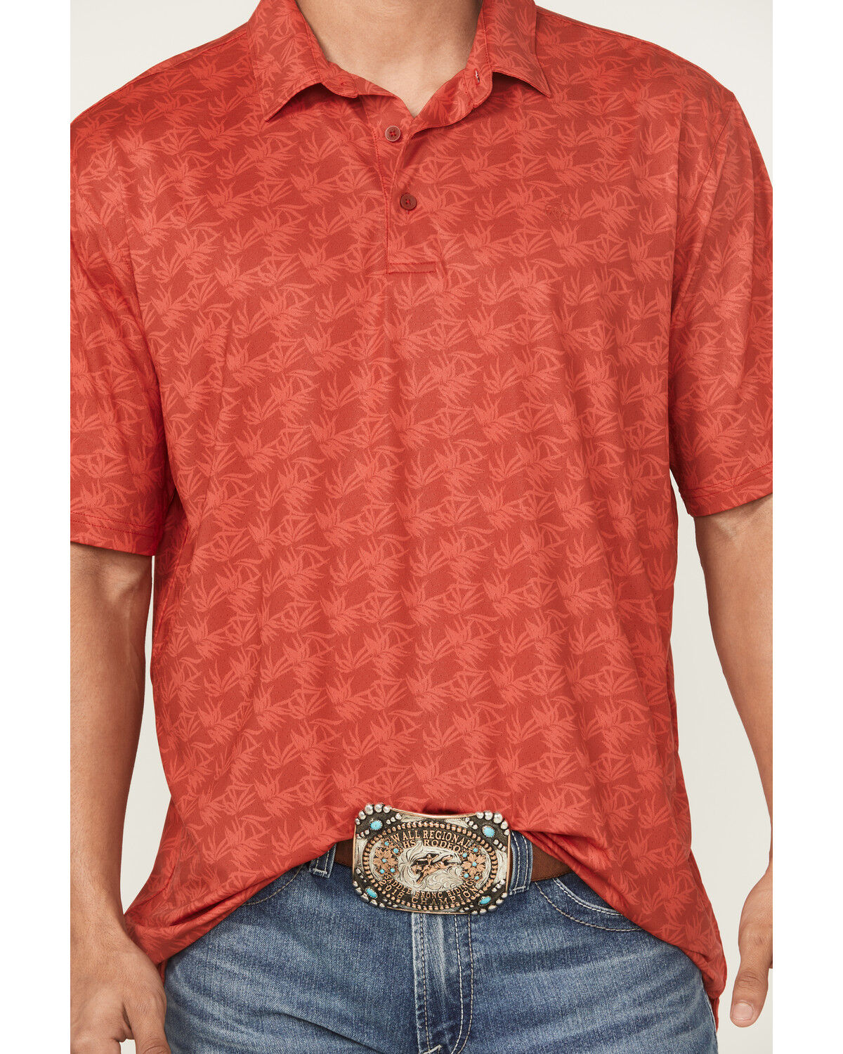 Image #3 - Ariat Men's 360 Airflow Printed Short Sleeve Button-Down Polo Shirt, Red, hi-res