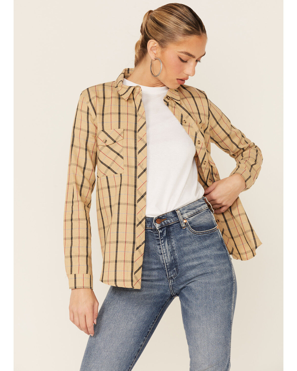 Image #1 - Wild Moss Women's Plaid Boyfriend Long Sleeve Woven Flannel Shirt, Tan, hi-res
