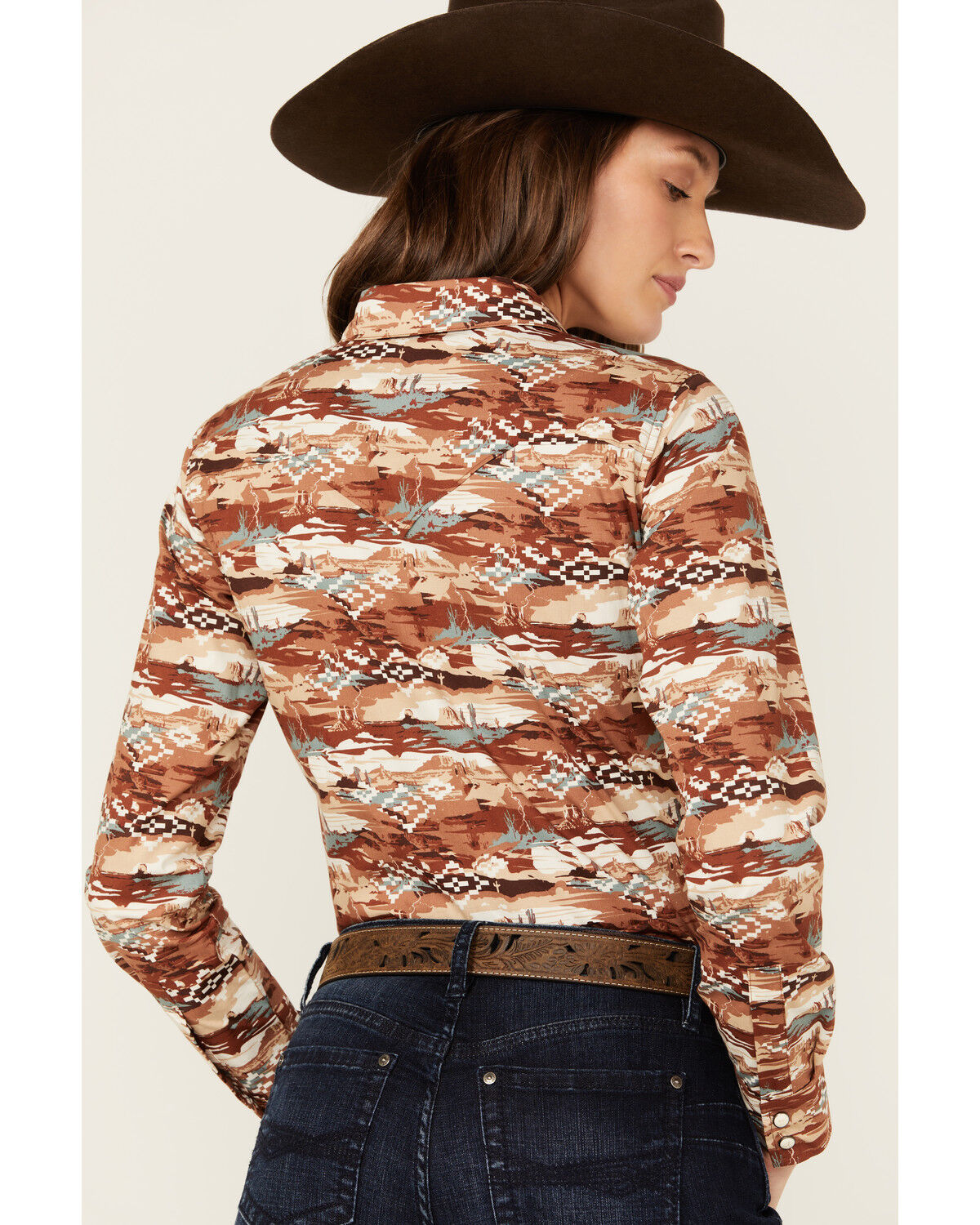Image #4 - Shyanne Women's Cheyenne Desert Tossed Long Sleeve Snap Stretch Western Shirt, Lt Brown, hi-res