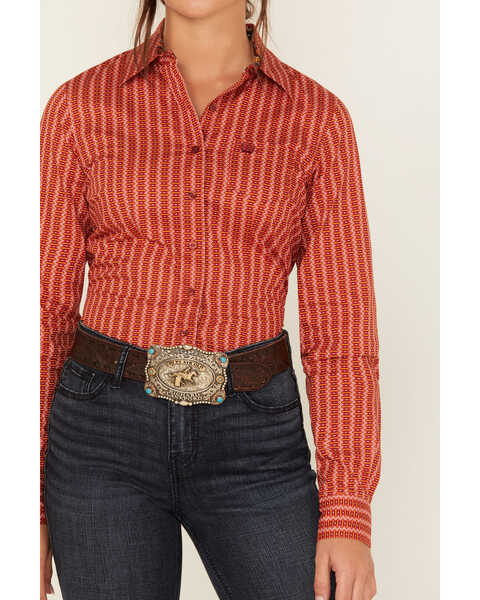 Image #3 - Cinch Women's Striped Geo Print Long Sleeve Button Down Shirt, Orange, hi-res